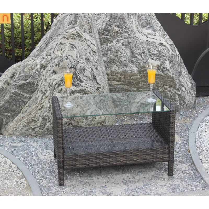 Outdoor Coffee Table PE Rattan Brown Iron Tempered Glass 34.6x20.5in