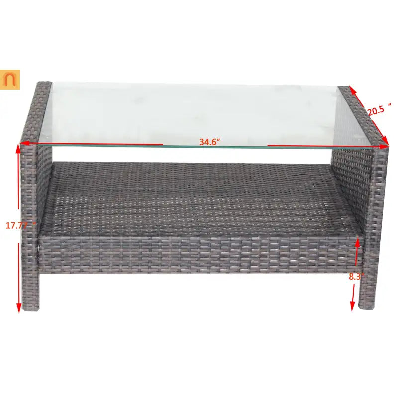 Outdoor Coffee Table PE Rattan Brown Iron Tempered Glass 34.6x20.5in