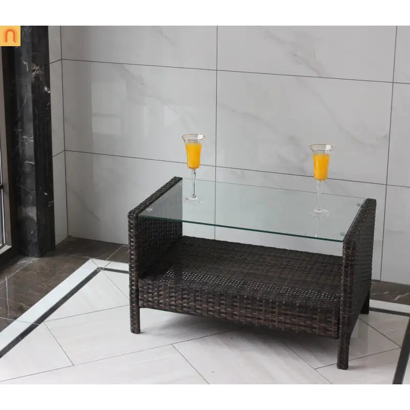 Outdoor Coffee Table PE Rattan Brown Iron Tempered Glass 34.6x20.5in