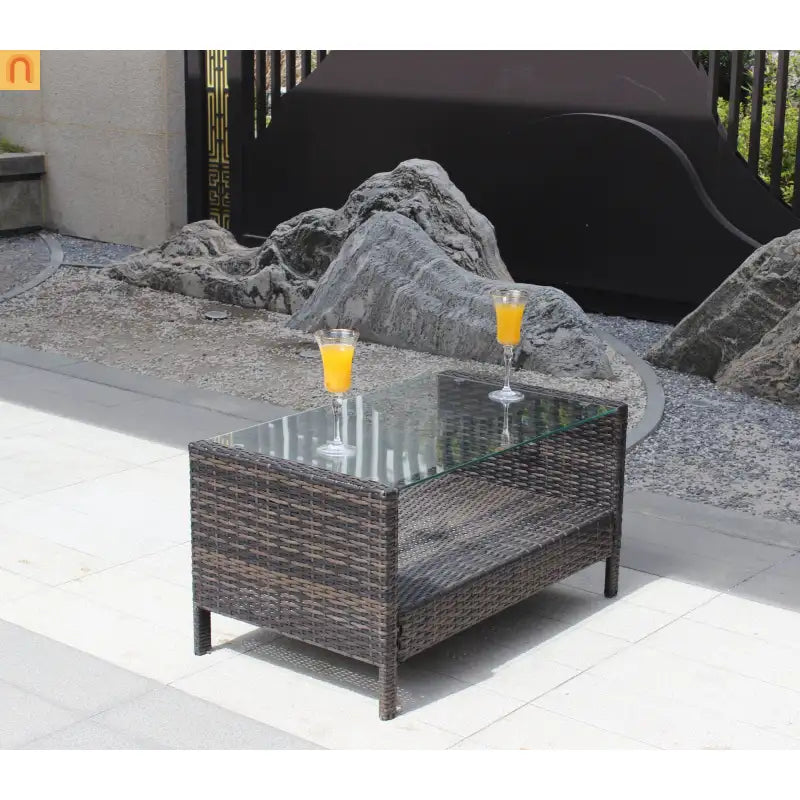 Outdoor Coffee Table PE Rattan Brown Iron Tempered Glass 34.6x20.5in