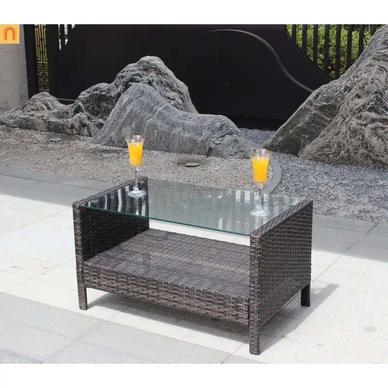 Outdoor Coffee Table PE Rattan Brown Iron Tempered Glass 34.6x20.5in