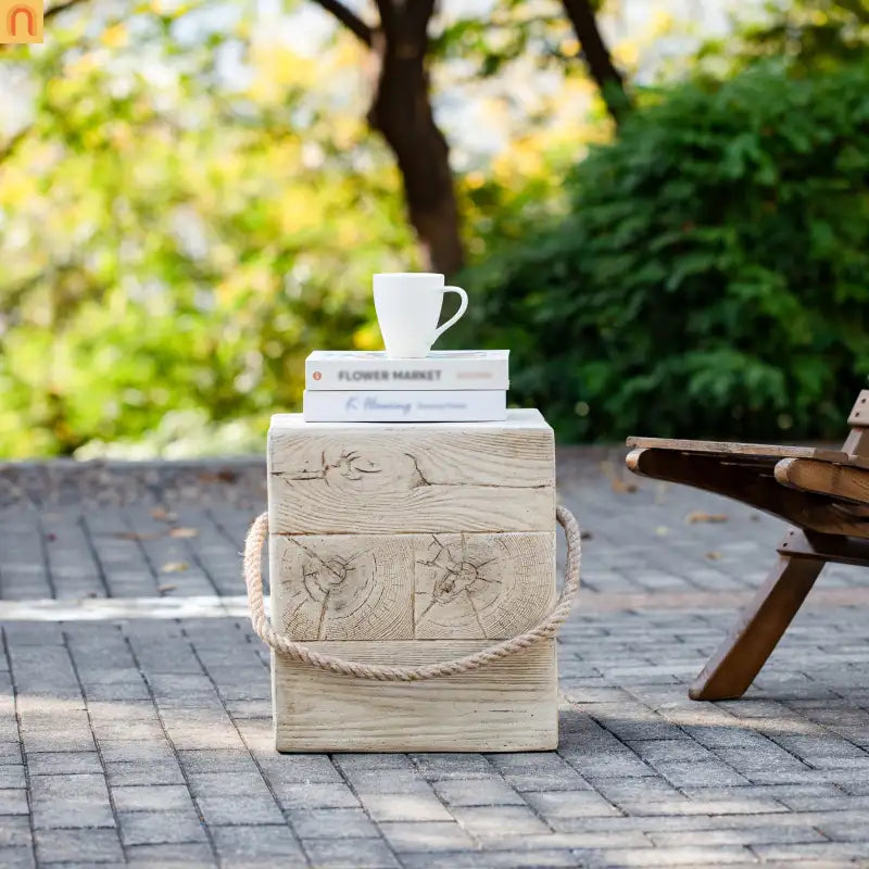Outdoor Side Table MGO Wood Grain Braided Cord Square Retro 14.76x17in