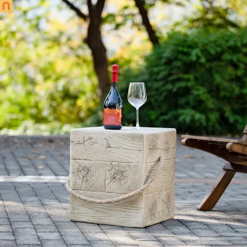 Outdoor Side Table MGO Wood Grain Braided Cord Square Retro 14.76x17in