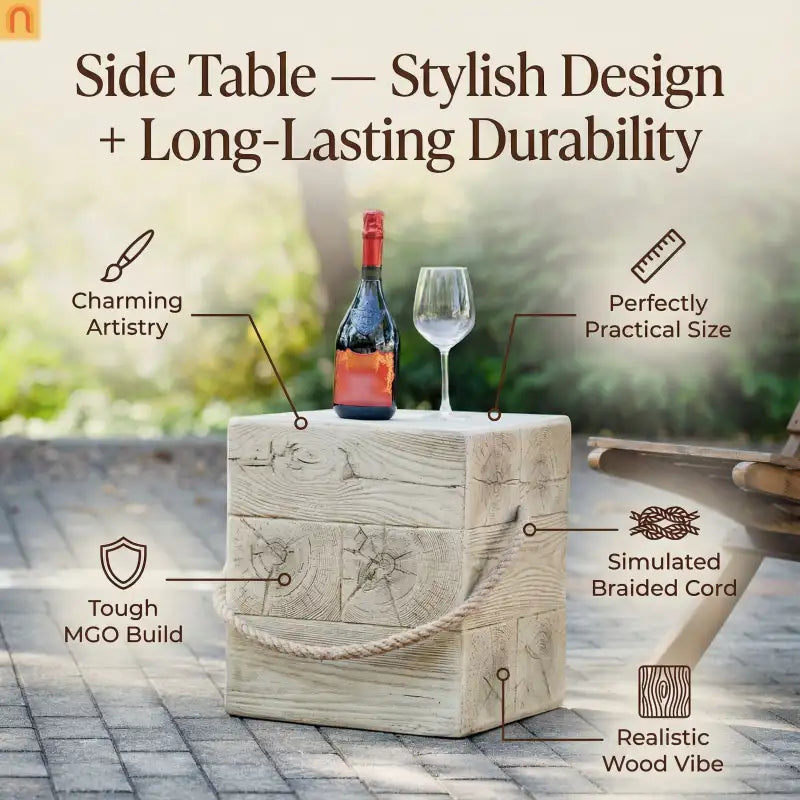 Outdoor Side Table MGO Wood Grain Braided Cord Square Retro 14.76x17in