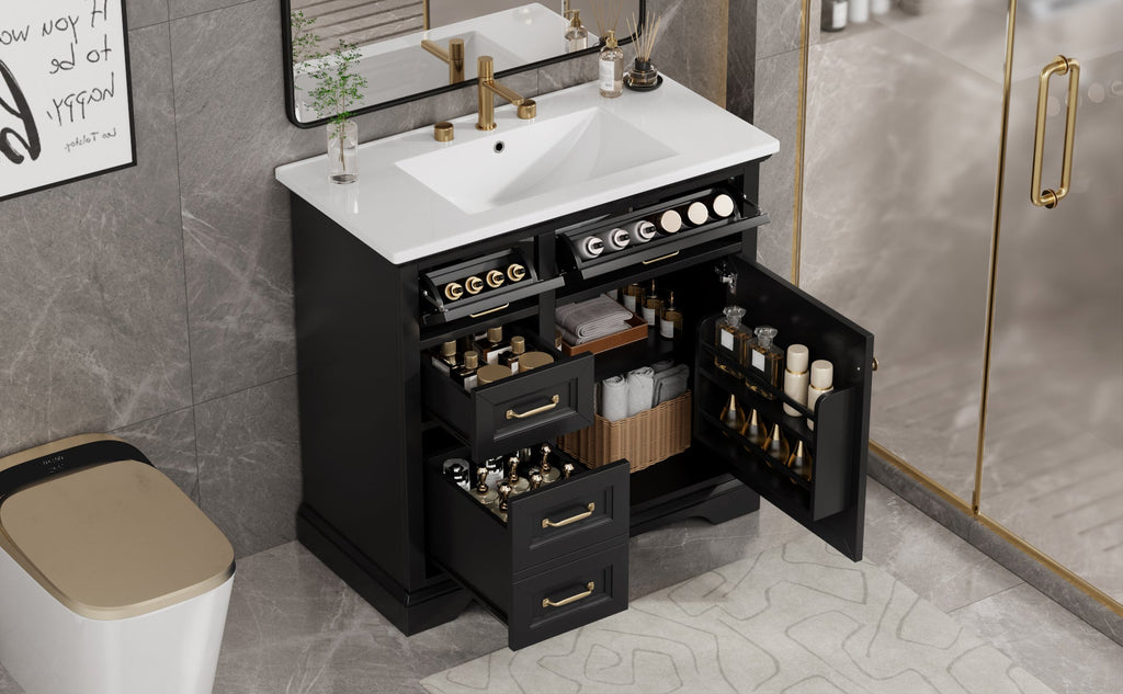 36-Inch Bathroom Vanity with Ceramic Sink Top, 4 Drawers and 1 Soft-Close Door