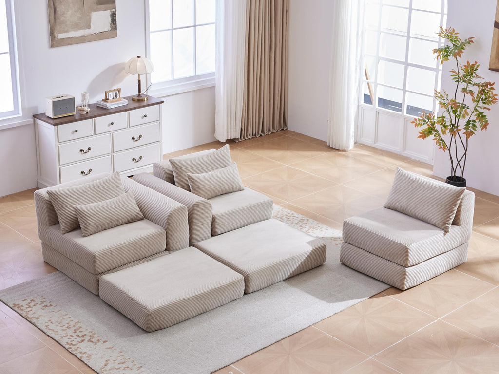 Sectional Sofa L-Shape Fabric Camel 4 Seat 100 In 5 Pillows No Assembly
