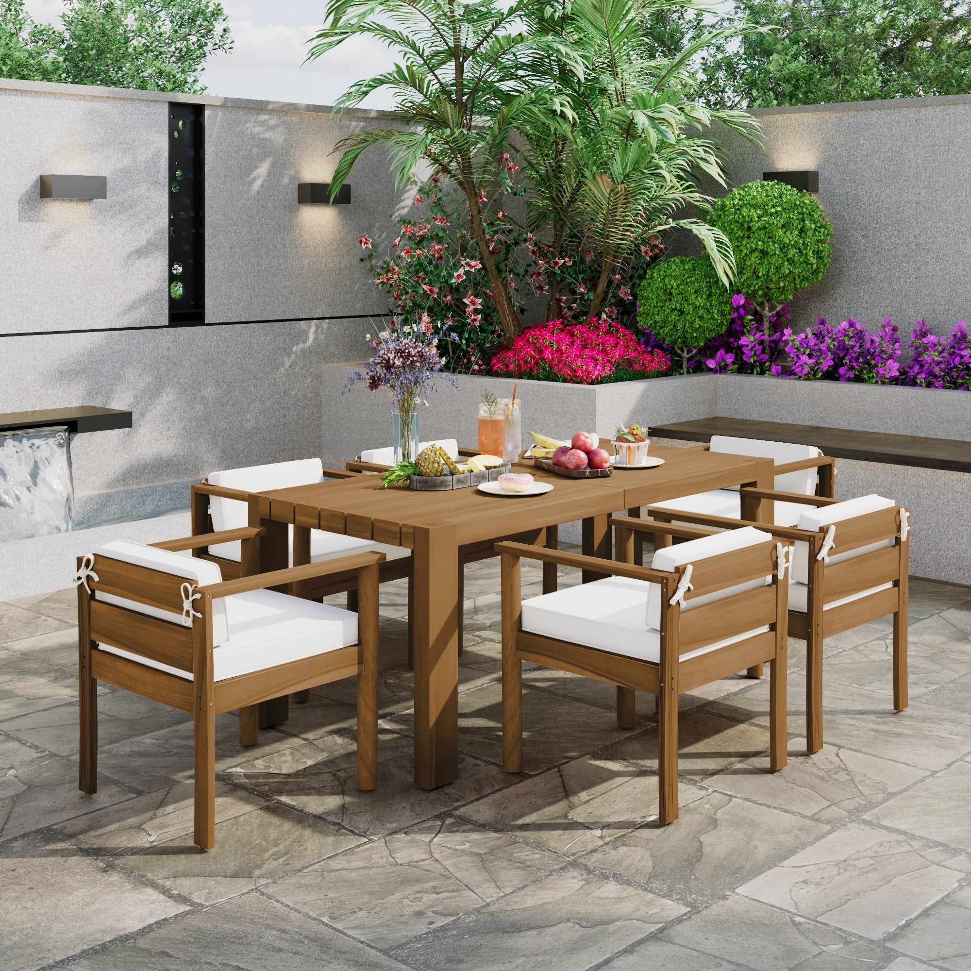 Outdoor Dining Set Acacia Wood Light Teak 7 Piece Rectangle Seats 6