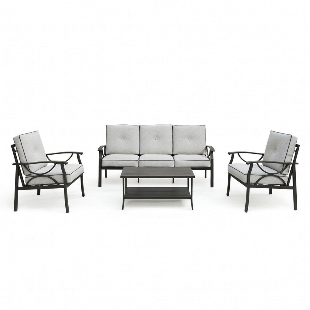 Outdoor Patio Set Metal Black Gray Cushion 4 Piece Seats 5