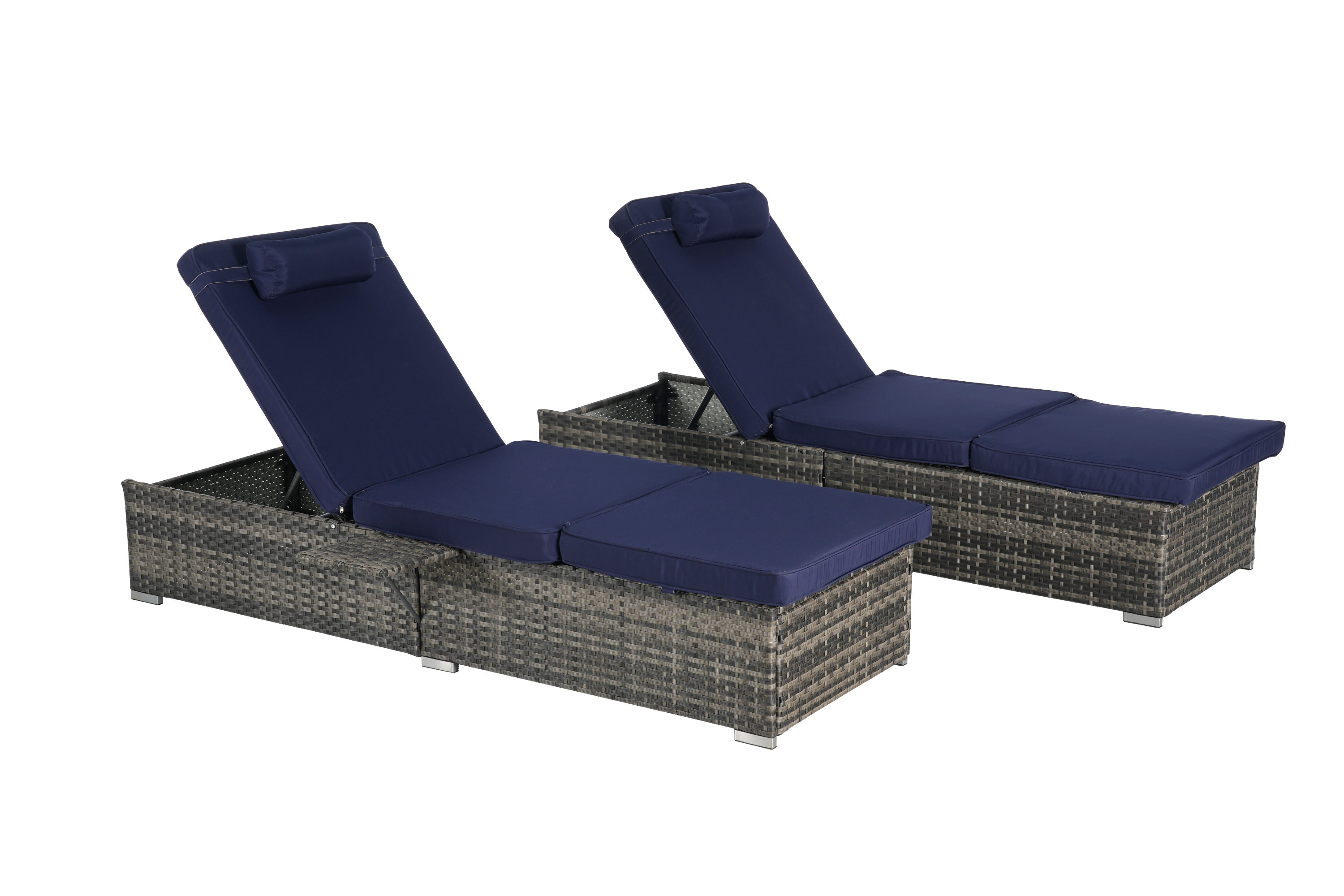 Outdoor Chaise Lounge Chair Set of 2, Rattan Storage Patio Pool Chairs with Cushion