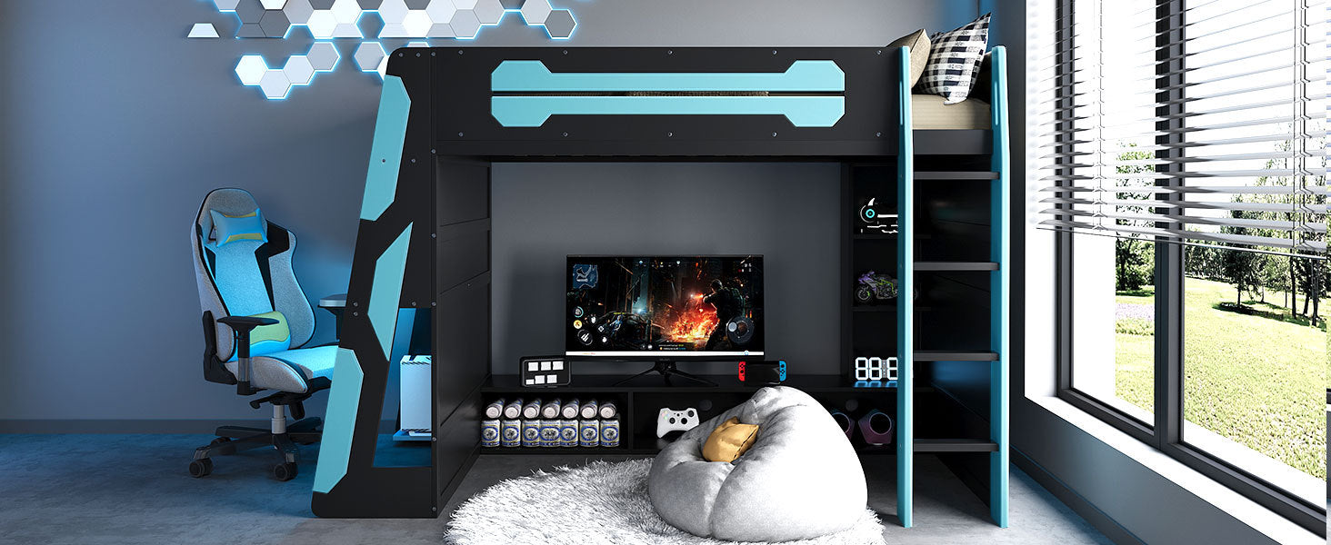 Twin Size Wood Loft Bed with Desk, Multi-storage Shelves and RGB Light, Cloud