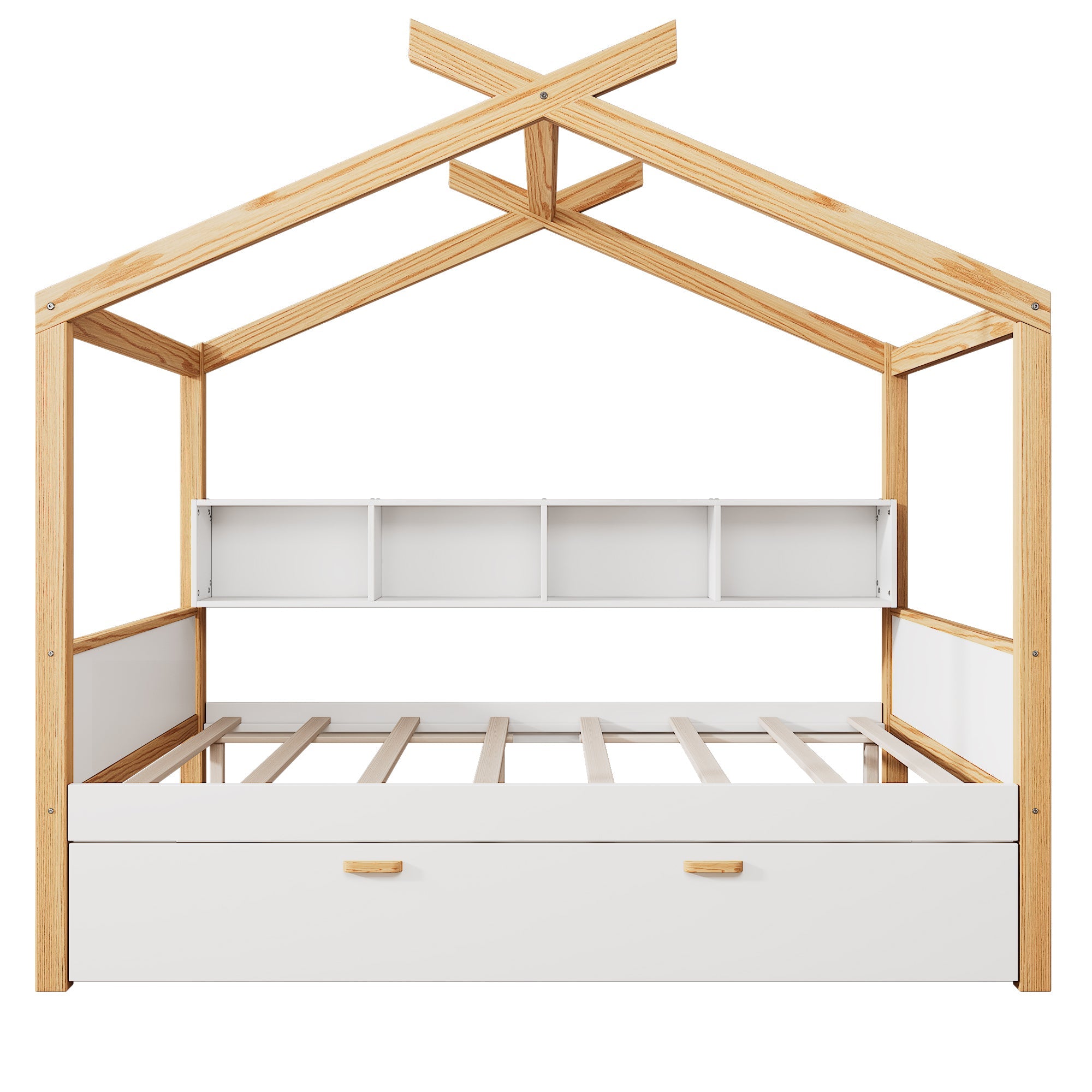 White Full Size Wooden House Bed with Two Drawers and Bookshelf Storage