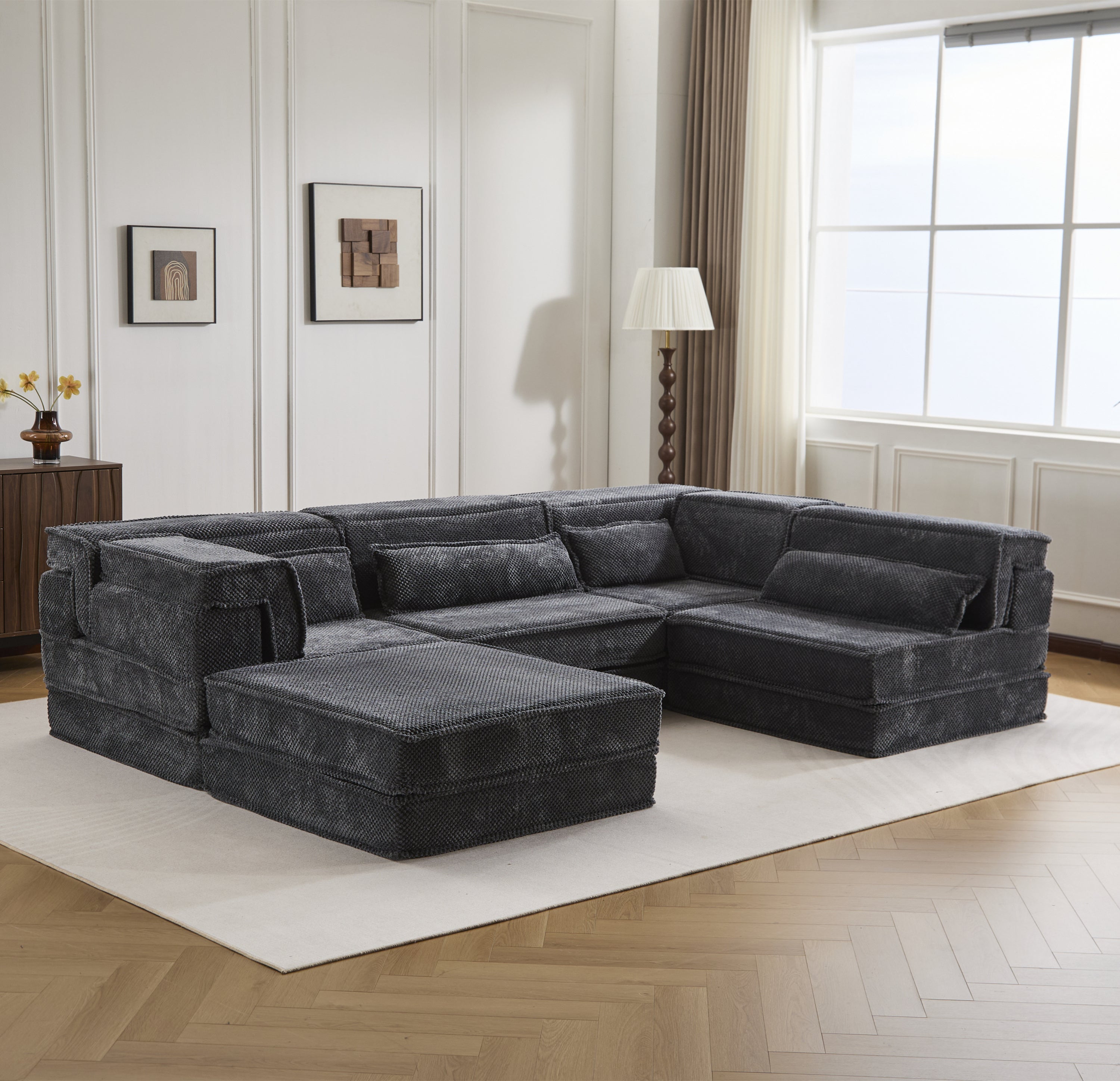 Sectional Sofa Modular Circle Fleece Dark Gray 4 Seat Ottoman 157 In