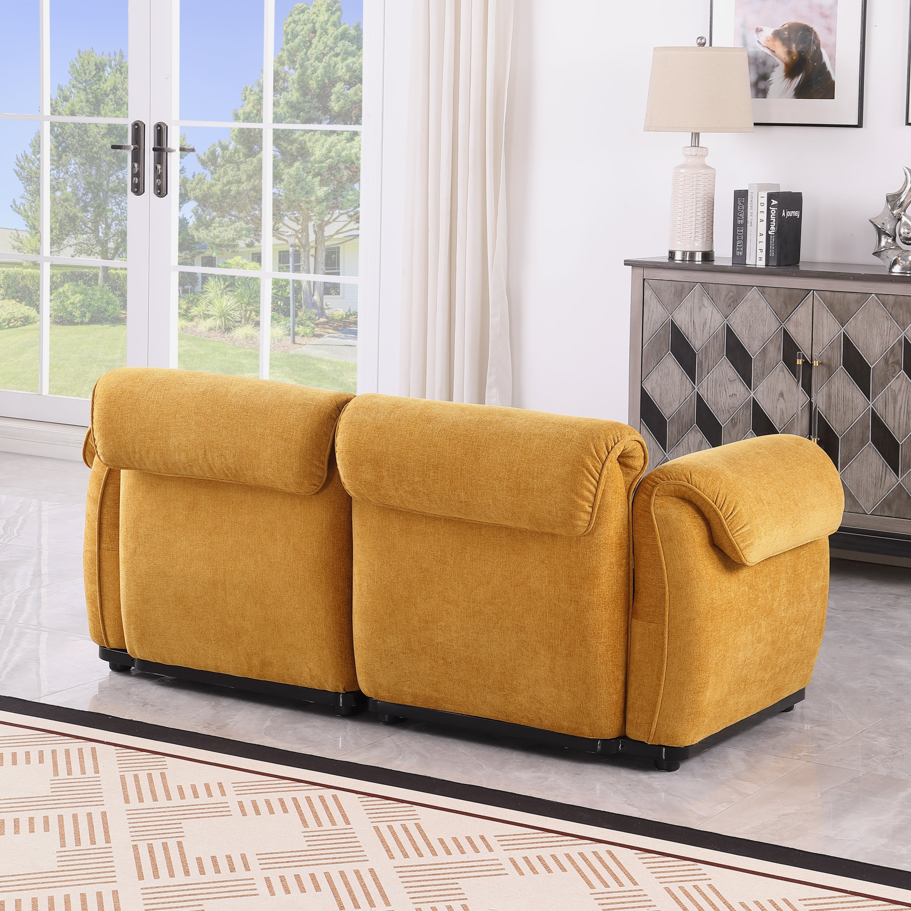 Loveseat Modular Chenille Yellow Iron Frame 2 Seat 68.5 In