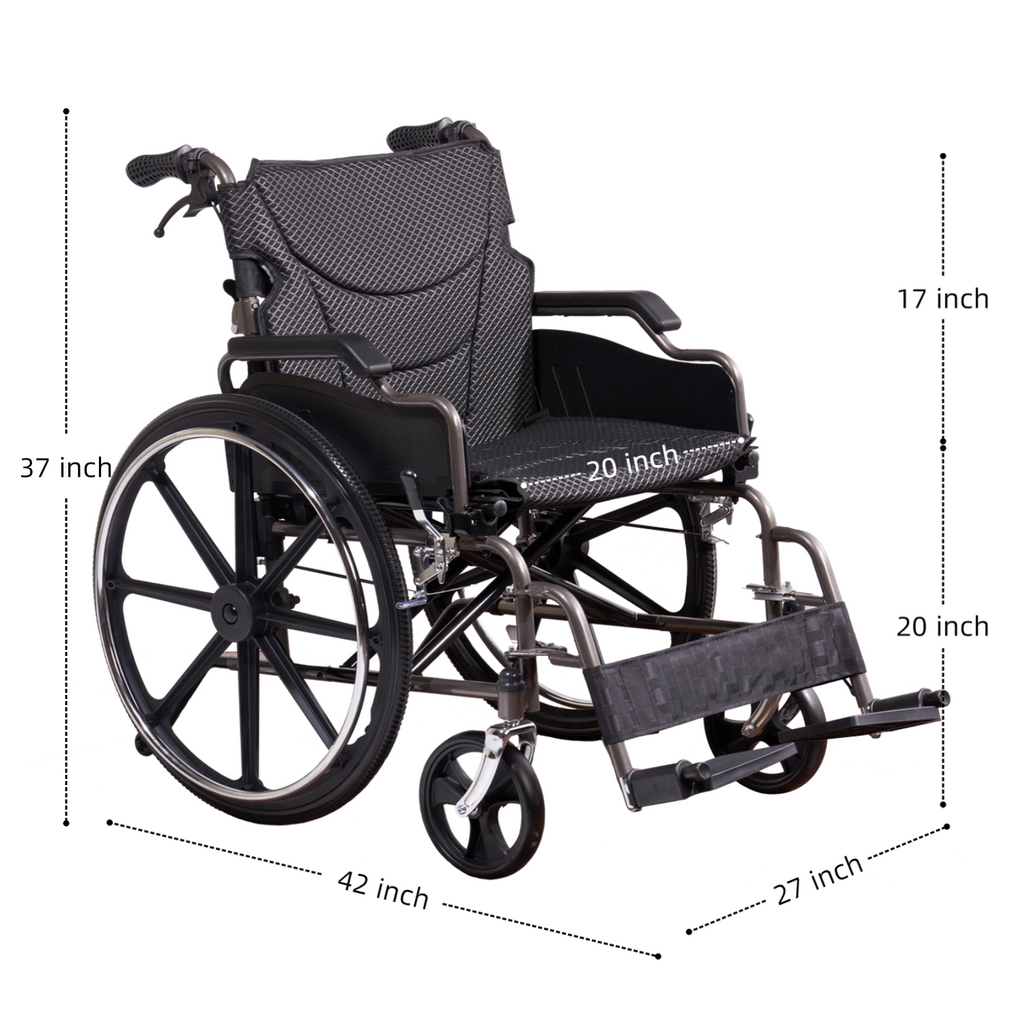 Wheelchair Manual Transport Folding Carbon Steel 20 In Seat Locking Brakes