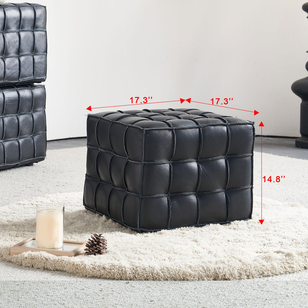 17.32'' Quality Leather Tufted Ottoman Footstool for Living Room, Black