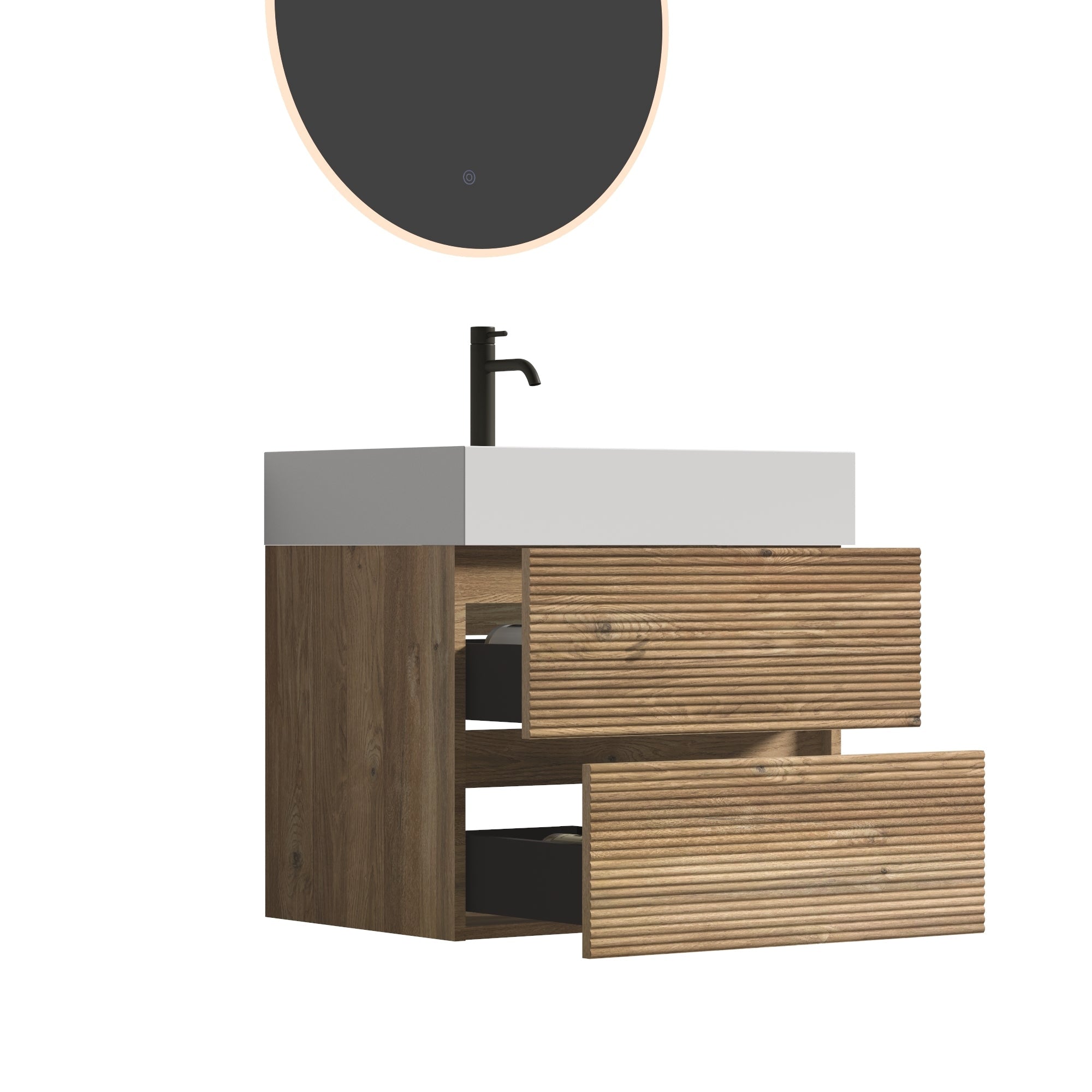 24' Rough Oak Bathroom Vanity with White Glossy Engineered Quartz Sink Soft Drawers