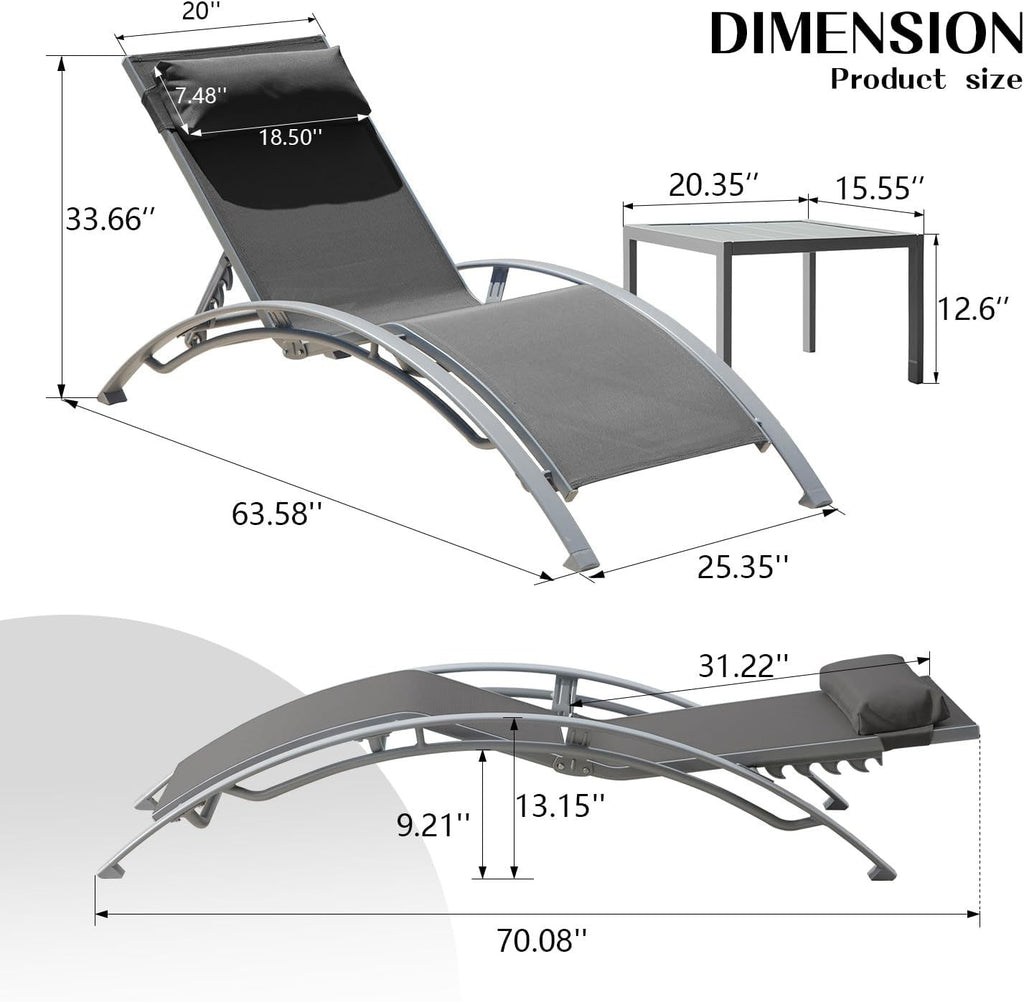 Outdoor Chaise Lounge Aluminum Textilene Dark Gray Set of 3 5-Position 350 LB