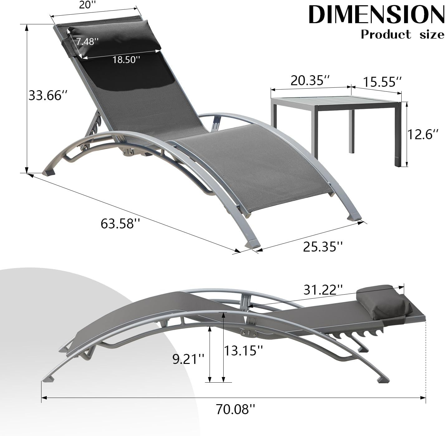 Outdoor Chaise Lounge Aluminum Textilene Dark Gray Set of 3 5-Position 350 LB
