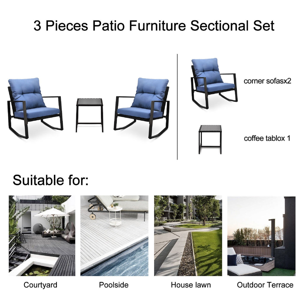 Outdoor Bistro Set Wicker Iron Blue 3 Piece Rocking Chairs Cushions Seats 2