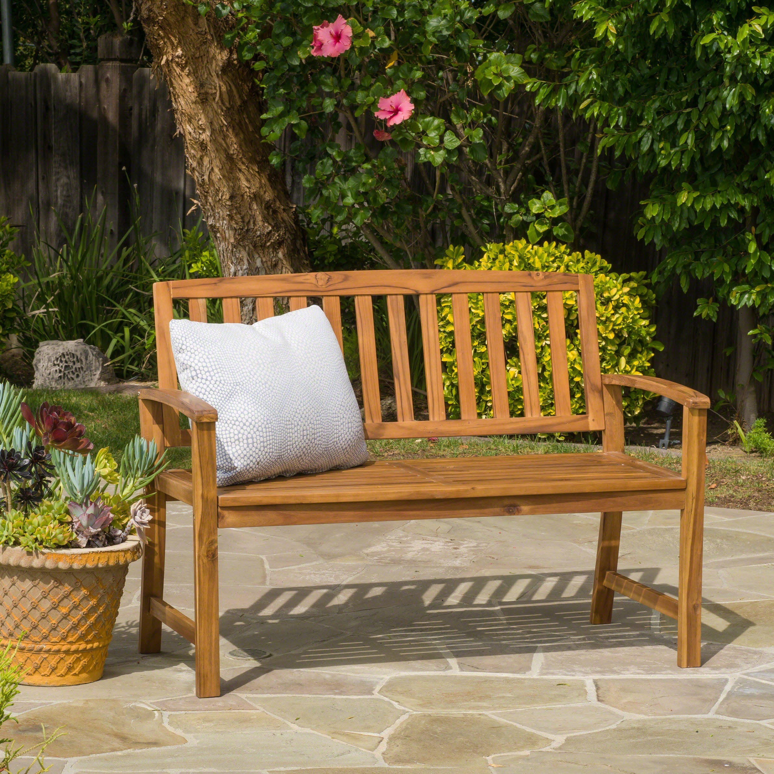 Outdoor Bench Acacia Wood Teak Finish Farmhouse Backrest 48.82x23.62 In 250 LB