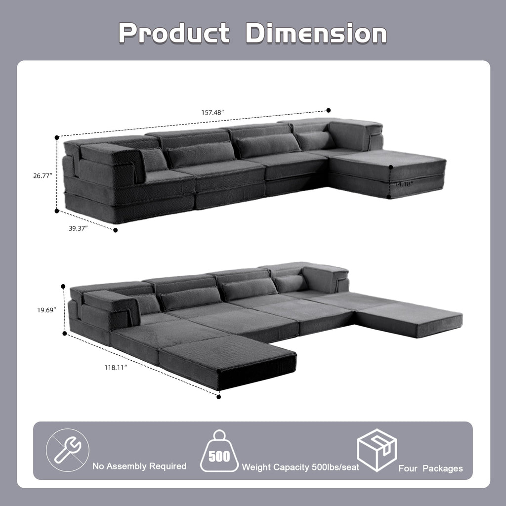 Sectional Sofa Modular Circle Fleece Dark Gray 4 Seat Ottoman 157 In