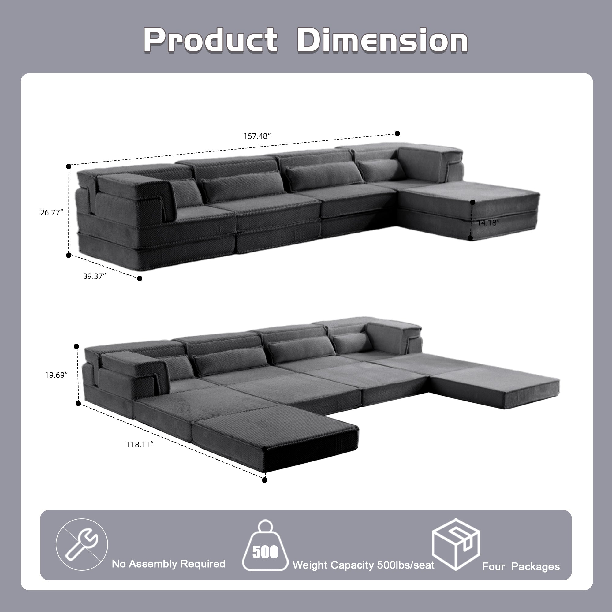 Sectional Sofa Modular Circle Fleece Dark Gray 4 Seat Ottoman 157 In