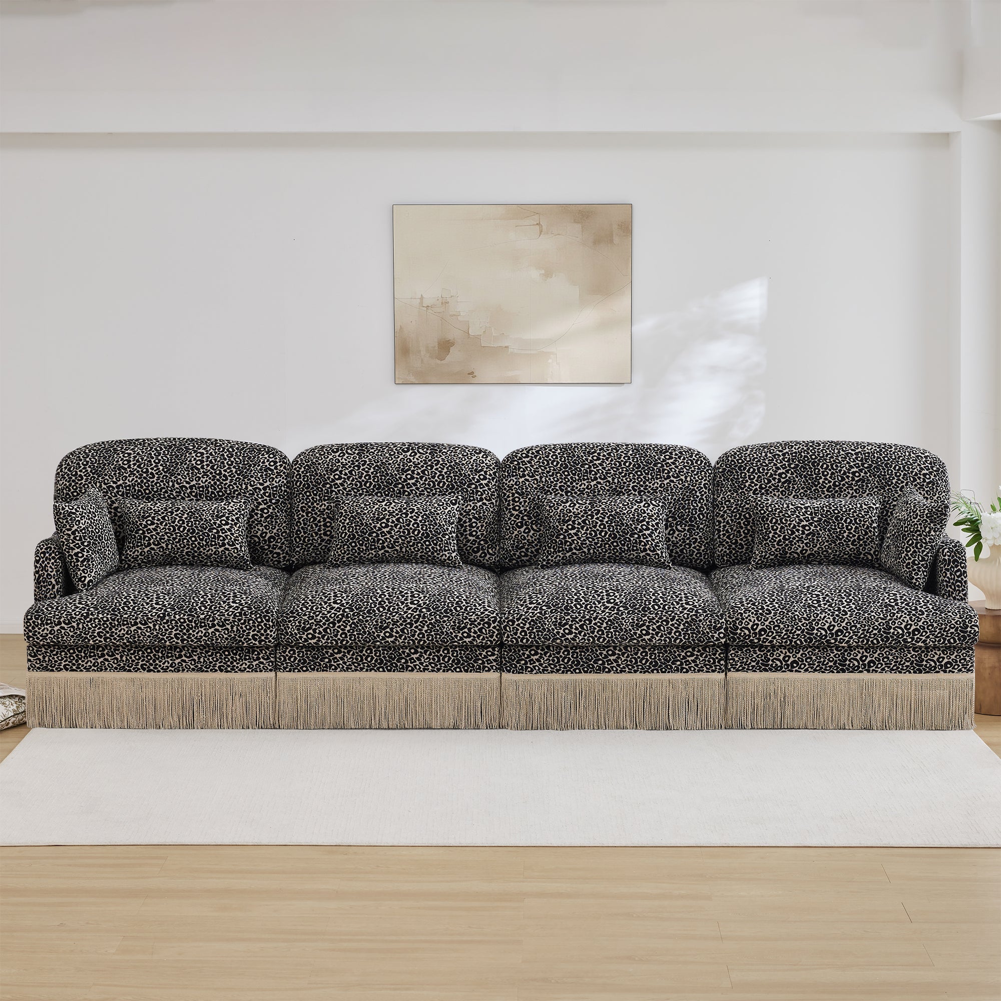 Sectional Sofa Modular Chenille Leopard Print Khaki 4 Seat Deep Seat