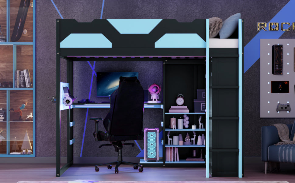 Full Size Wood Loft Bed with Desk, Multi-storage Shelves, USB and RGB Light