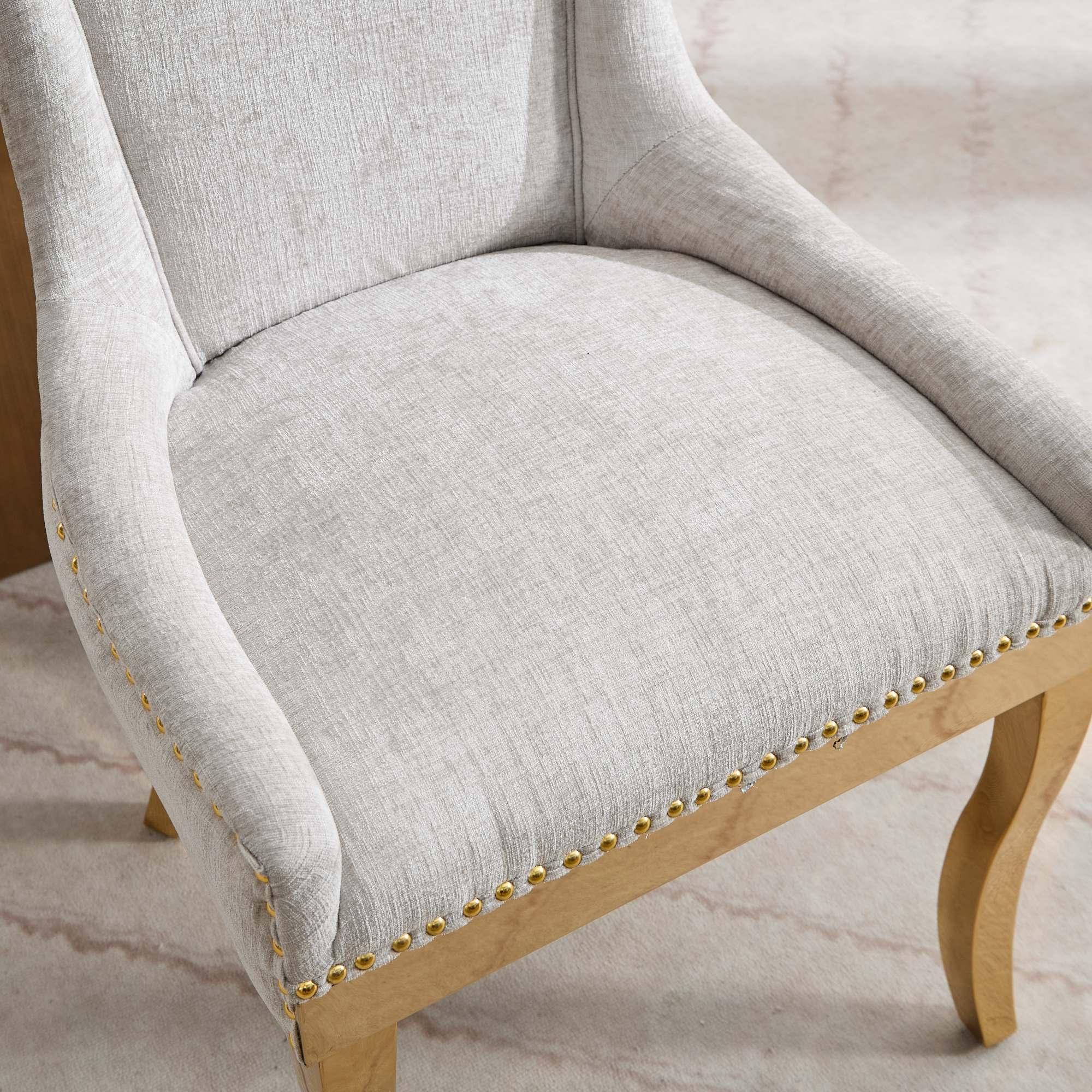 Chenille Dining Chairs, Modern Style with Curved Gold - Plated Legs & Rivet