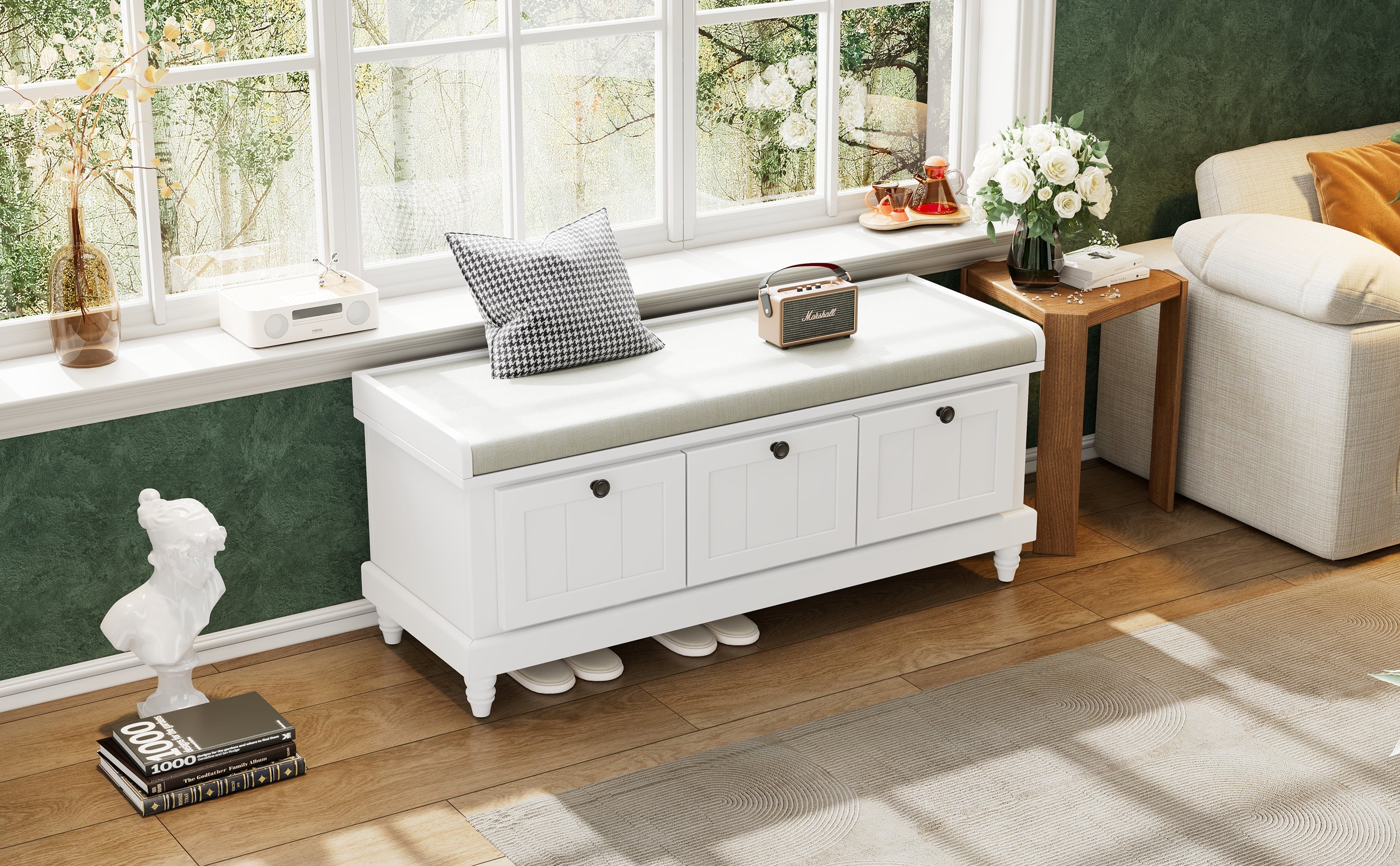 Entry Bench Fluted MDF White Cushioned Seat 3 Drawers 44x16x19