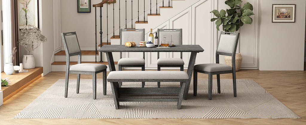 6-Piece Retro Dining Table Set for 6, 60' Wood Kitchen Table and Chairs Set of