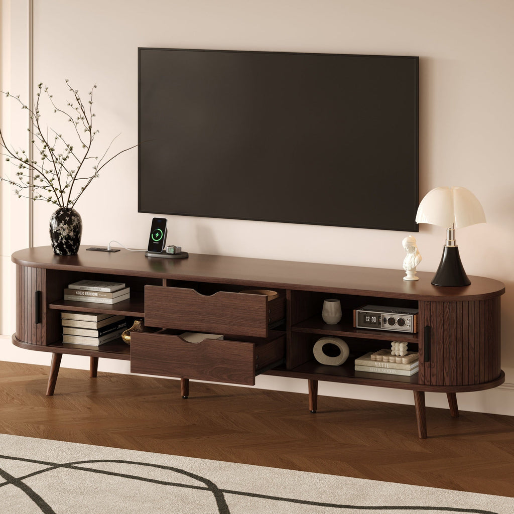 TV Stand Mid-Century Dark Brown MDF Tambour Door 2 AC 2 USB Fits 80 In TV