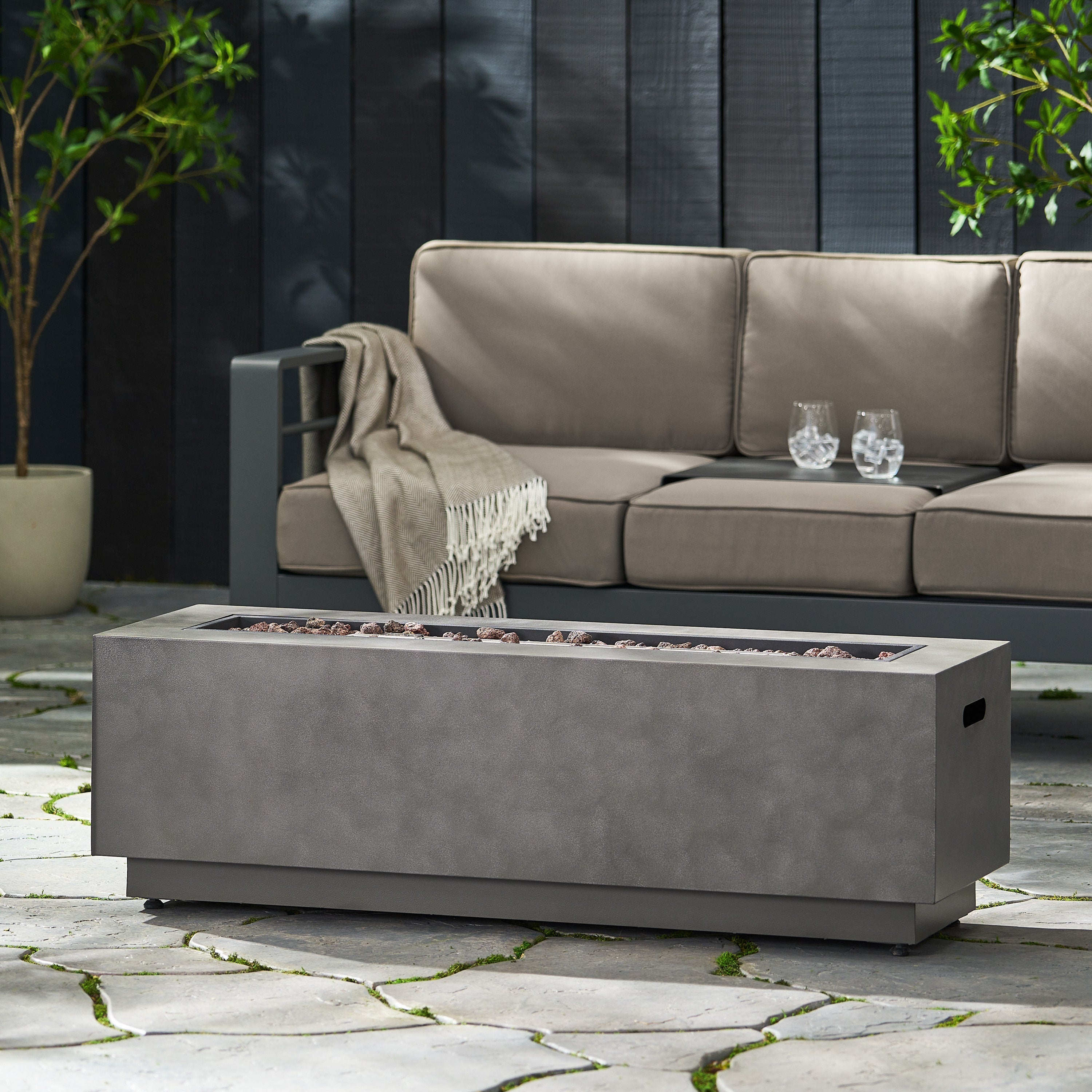 RECTANGULAR IRON FIRE PIT 50,000 BTU WITH TANK HOLDER, Stone Gray