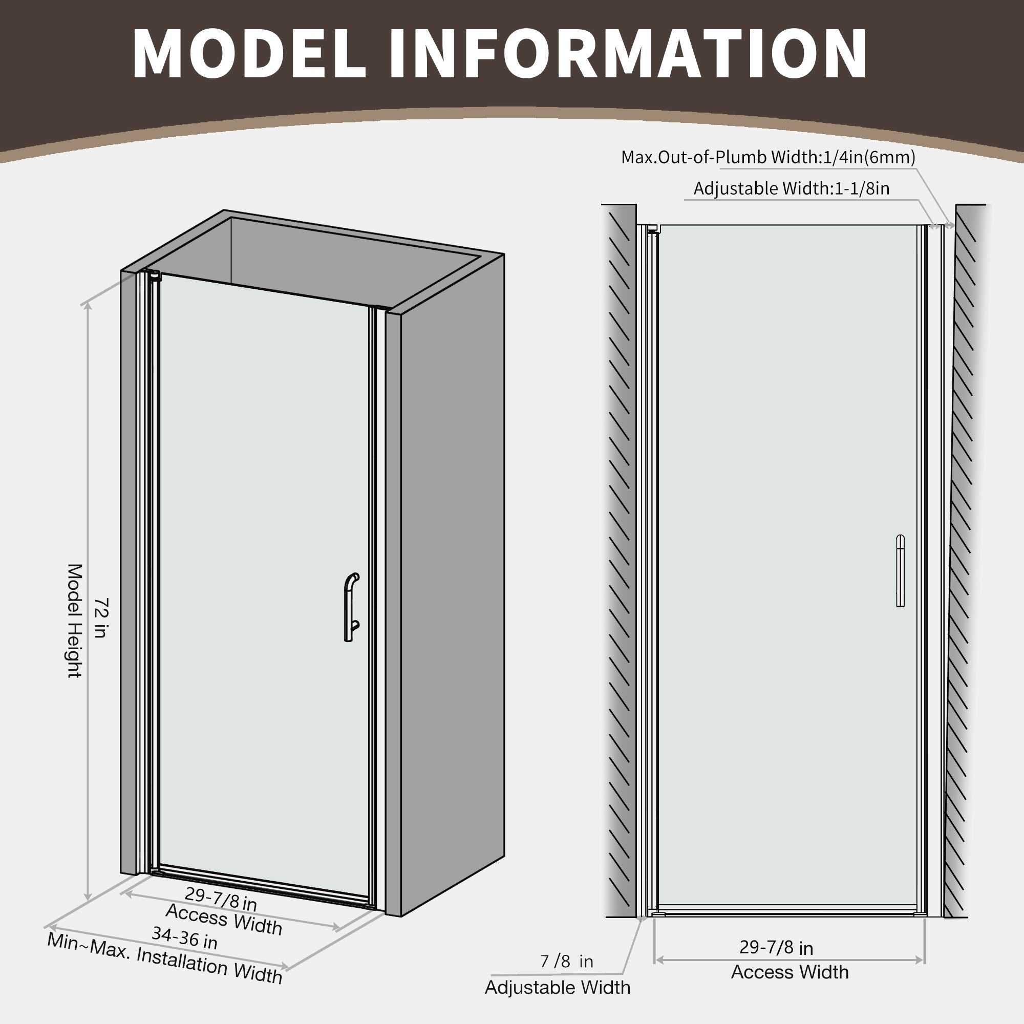 34-36 in. W x 72 in. H Pivot Frameless Shower Door, Matte Black, 1/4in Glass