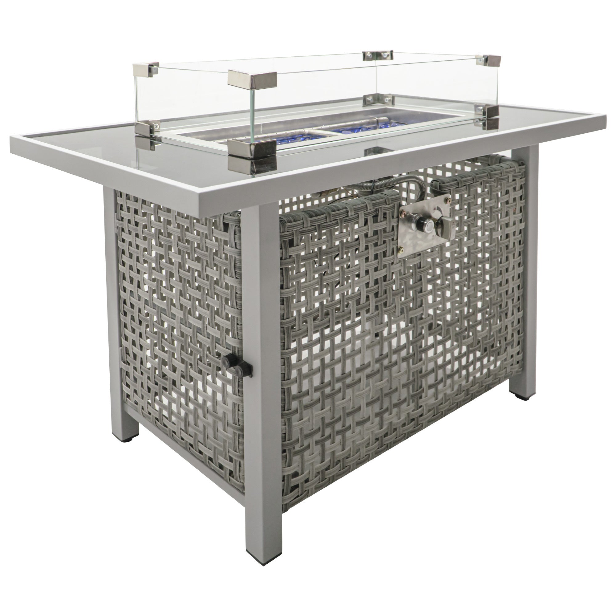 43 in Propane Gas Fire Pit Table 60,000 BTU Rectangular Open Weave Wicker, Grey