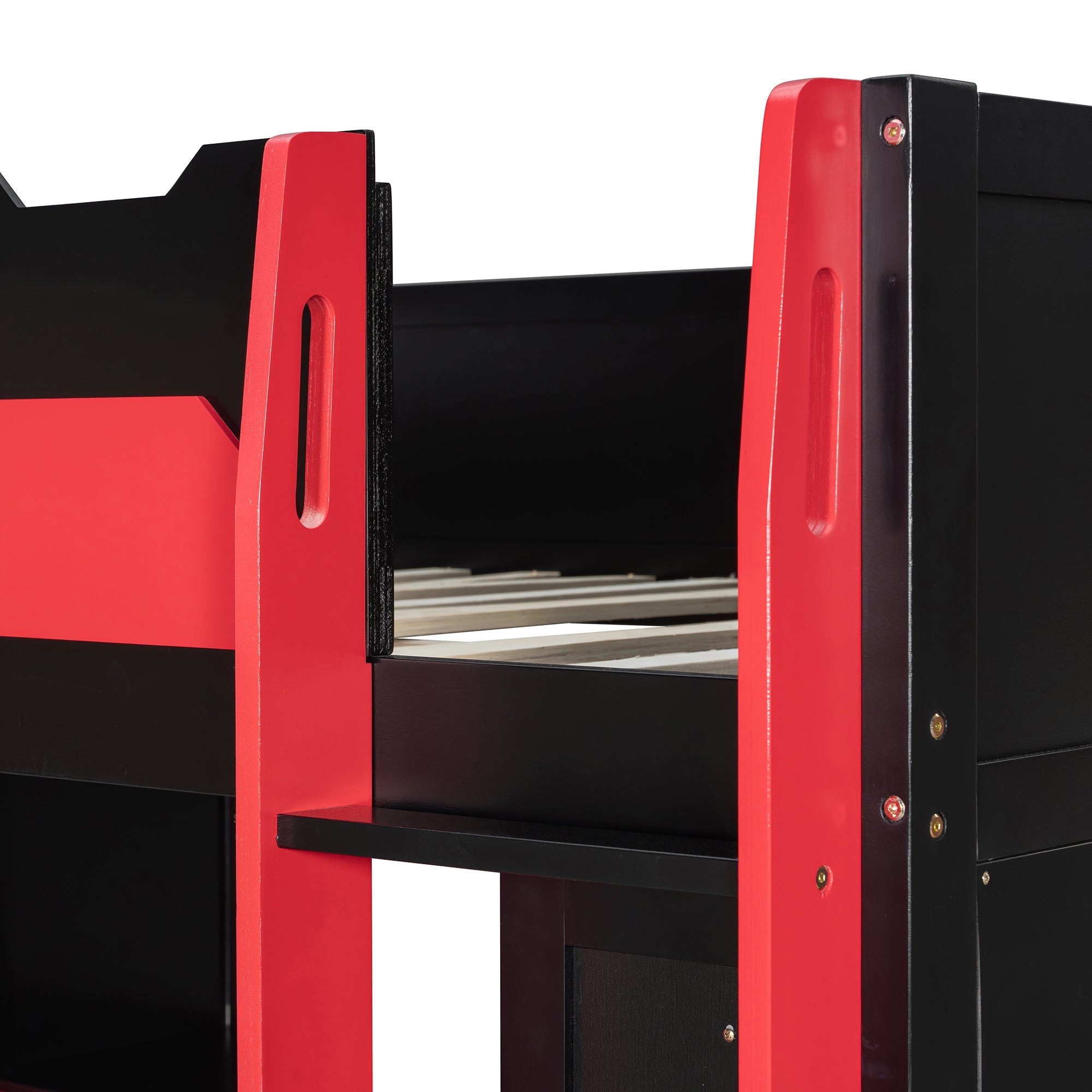 Full Size Wood Loft Bed with Desk, Multi-storage Shelves,USB and RGB Light, Red