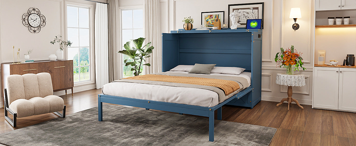 Queen Size Murphy Bed Wall Bed with Drawer and Sockets and USB Ports, Navy Blue