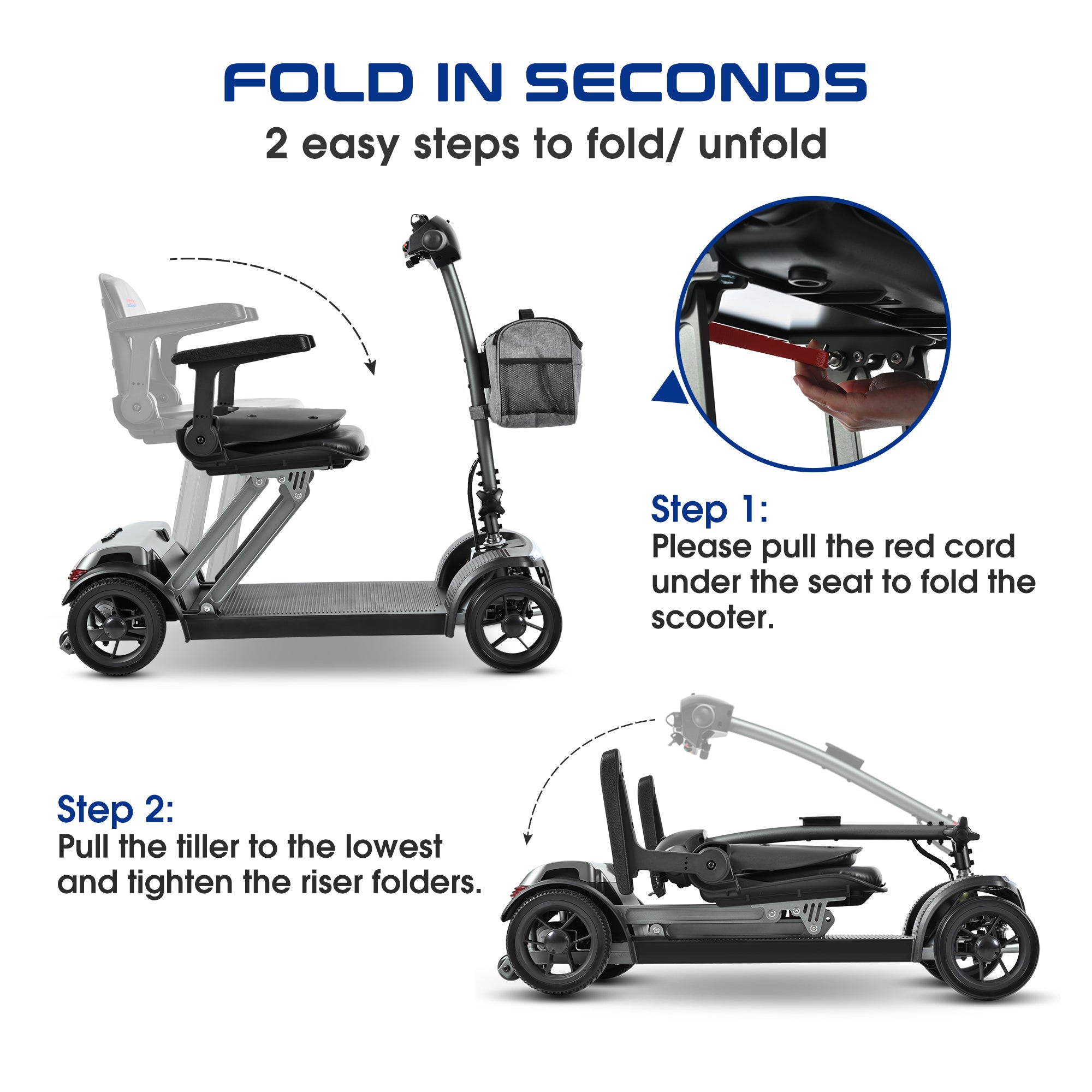Mobility Scooter Folding Gray Metal Travel Compact Easy Store Transport