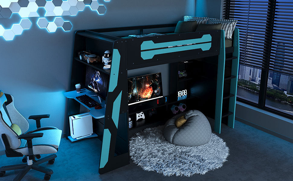Twin Size Wood Loft Bed with Desk, Multi-storage Shelves and RGB Light, Cloud