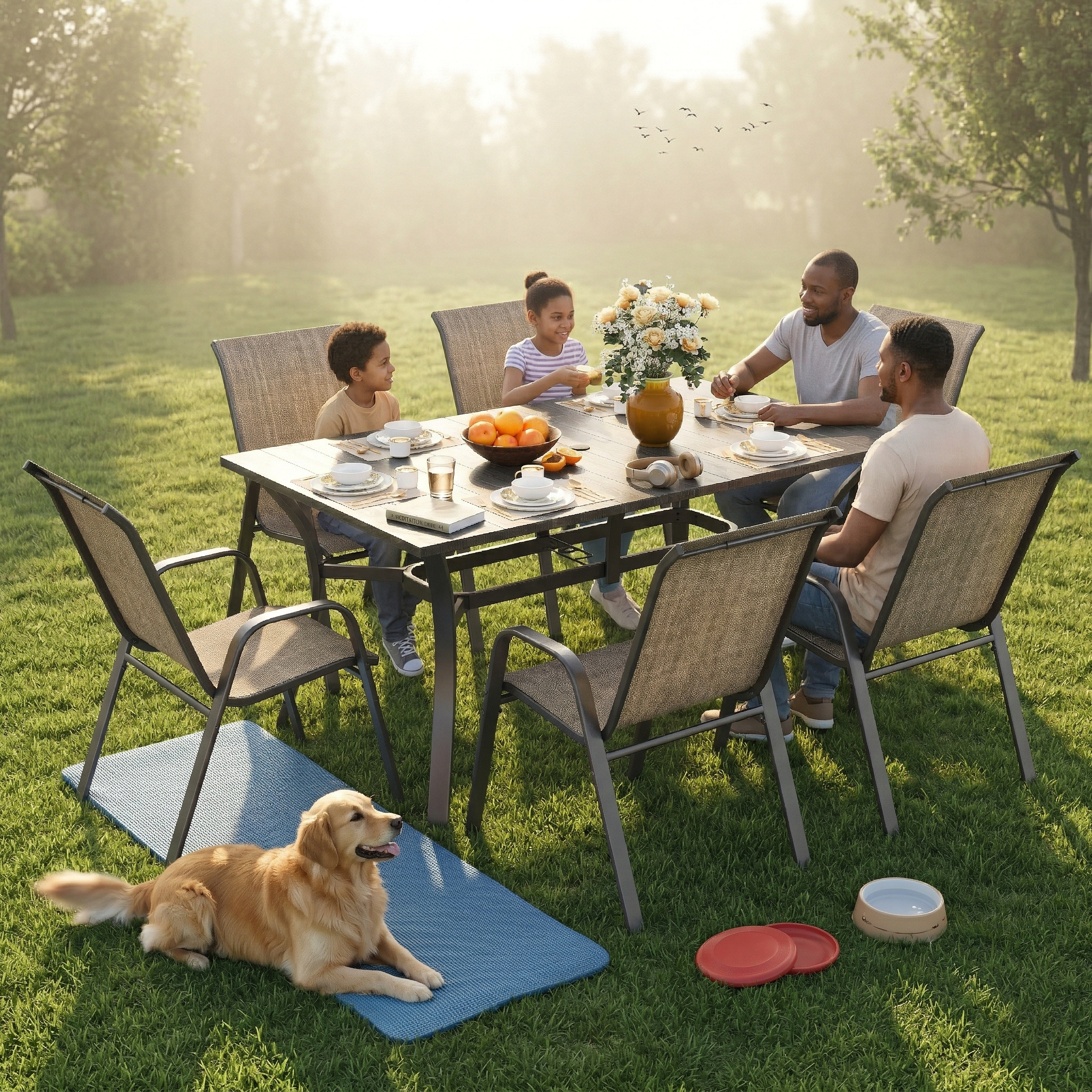 7-Piece Outdoor Patio Dining Set, 63' x 38' Rectangular Wood-Grain Metal Table