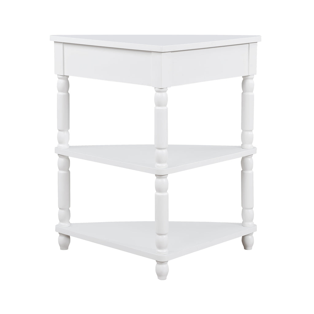 33.8 in Triangle Corner Table, 3-Tier Solid Wood Legs, Small Spaces, Milk White