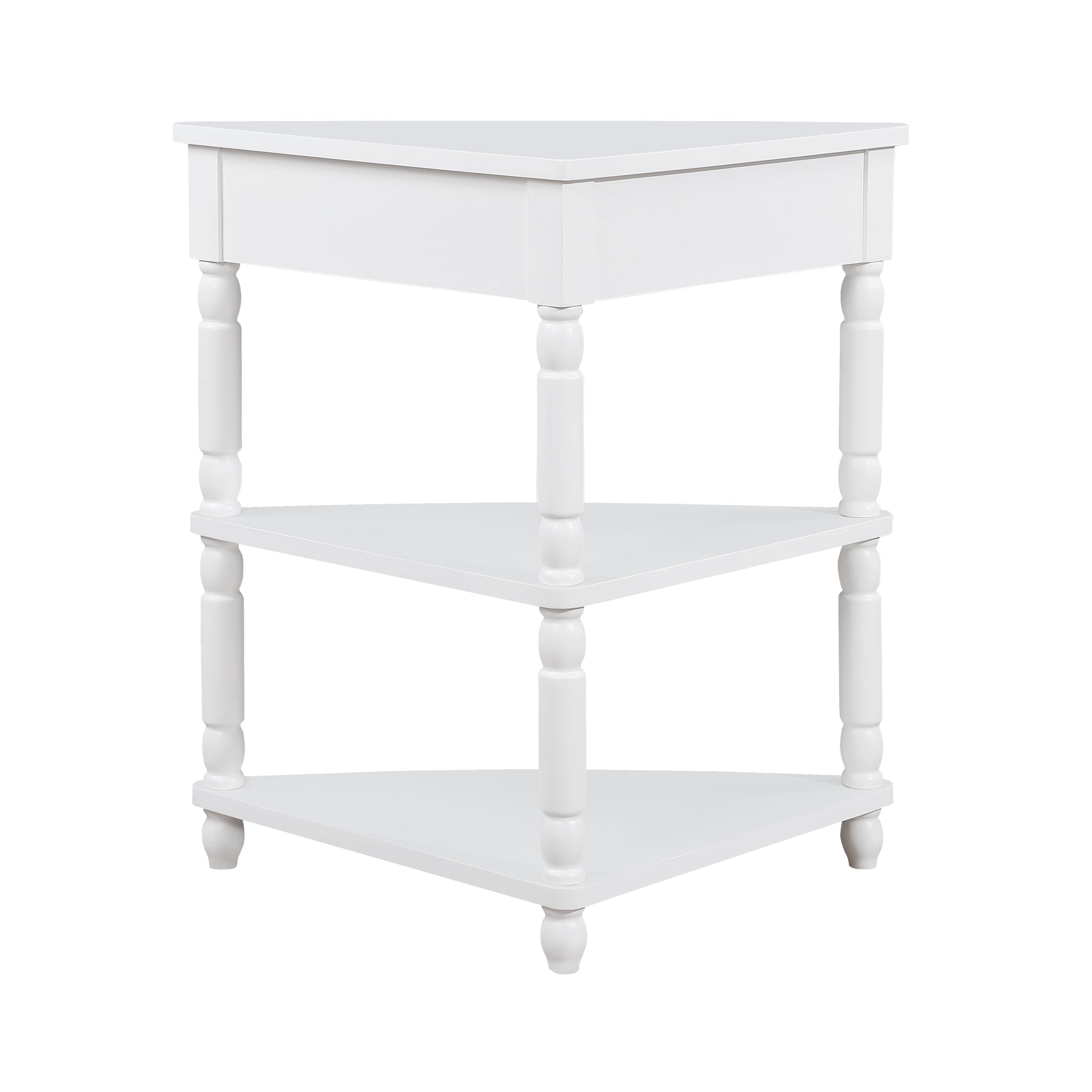 33.8 in Triangle Corner Table, 3-Tier Solid Wood Legs, Small Spaces, Milk White