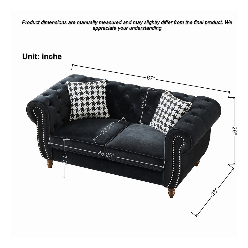 Loveseat Mid-Century Chesterfield Velvet Black 2 Seat Rolled Arms 67 In 450 LB