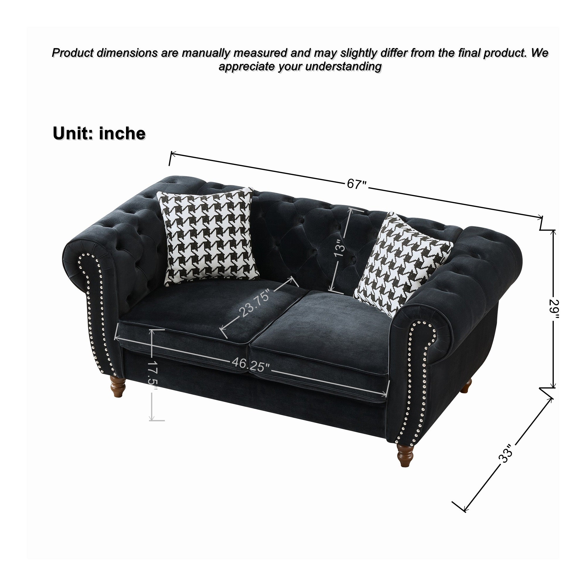 Loveseat Mid-Century Chesterfield Velvet Black 2 Seat Rolled Arms 67 In 450 LB