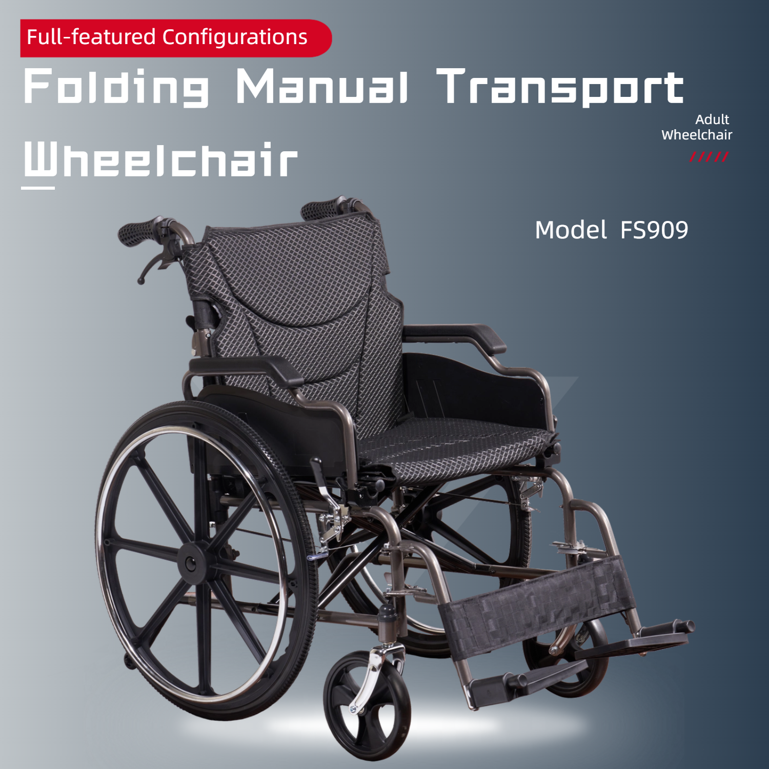 Wheelchair Manual Transport Folding Carbon Steel 20 In Seat Locking Brakes