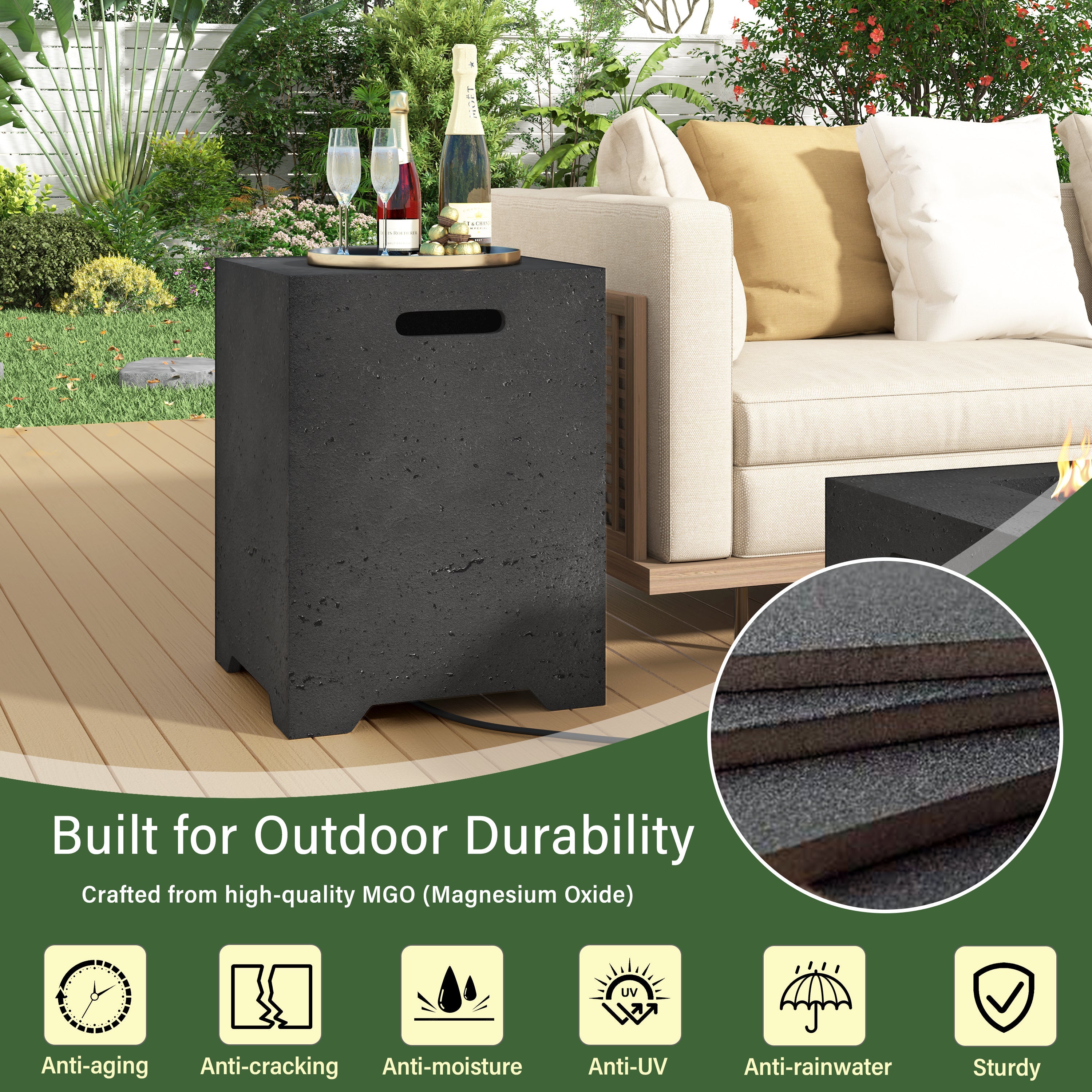 Propane Fire Pit Square MGO 40000 BTU 24" with Side Table Cover