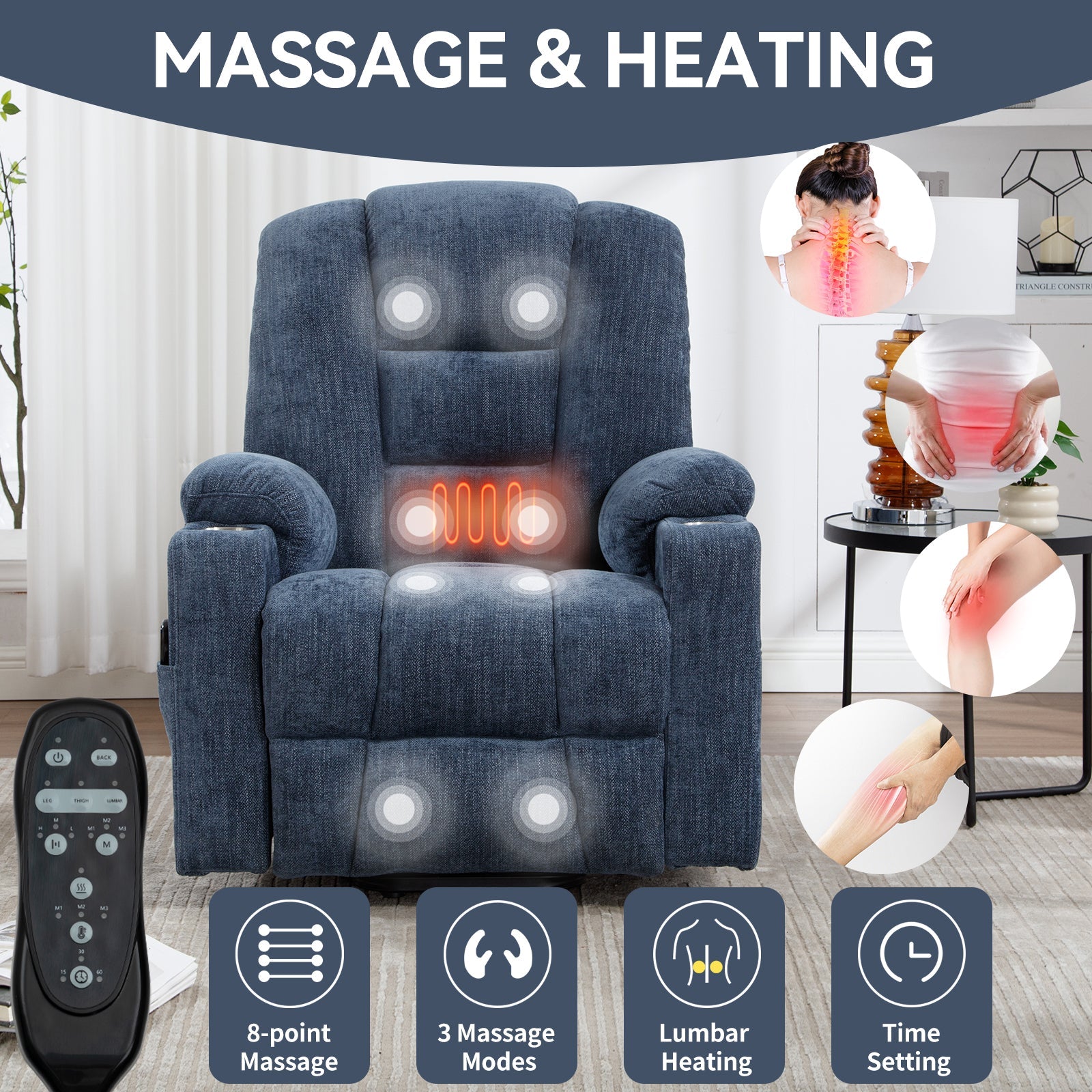 Lift Recliner Chair Power Chenille Blue Heat Massage USB Cup Holders 350 LB