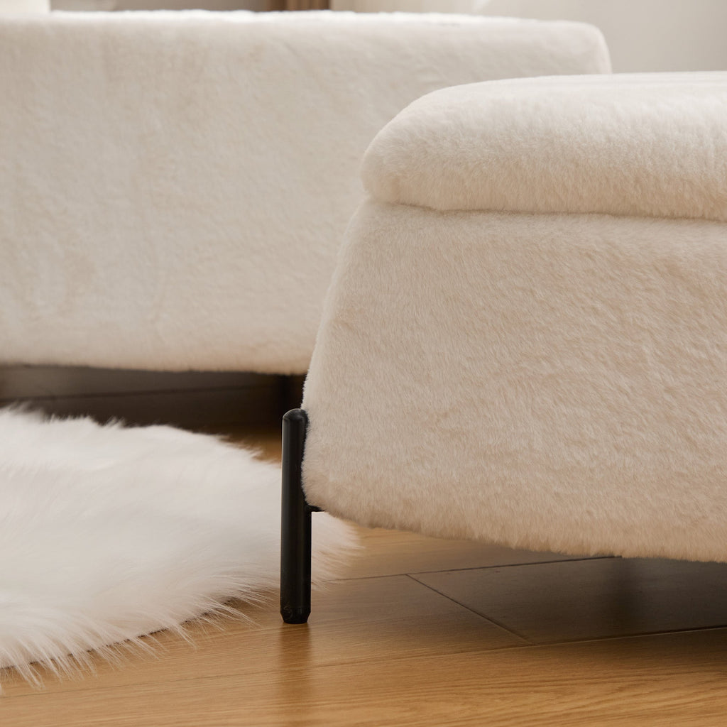 Ivory Faux Fur Upholstered Storage Ottoman Set with Metal Legs
