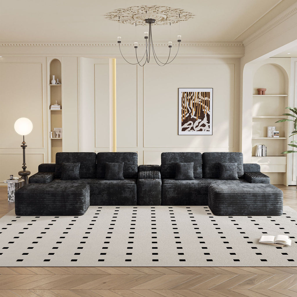 Sectional Sofa U-Shape Corduroy Black 6 Seat USB Bluetooth 150 In
