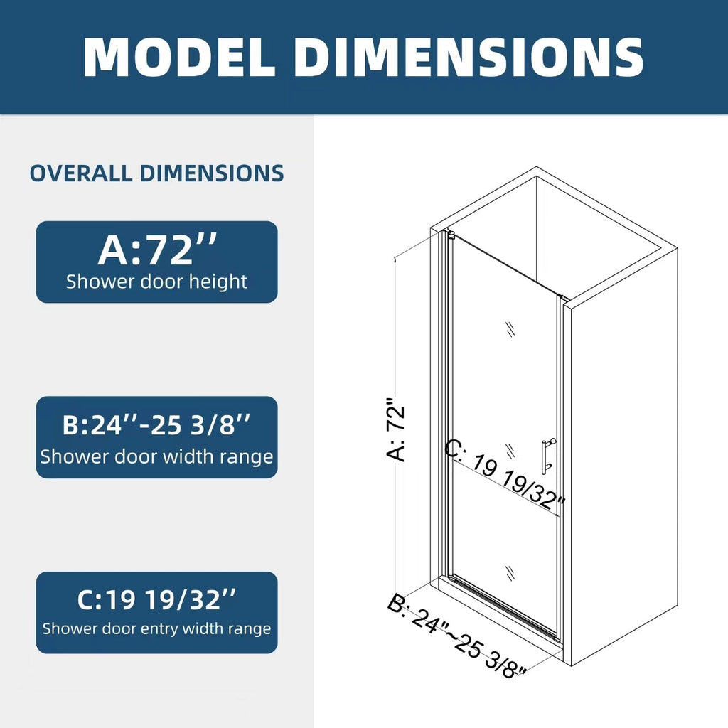 Universal Pivot Shower Door 24x72 Inch Matte Black 1/4' Tempered Glass Outswing